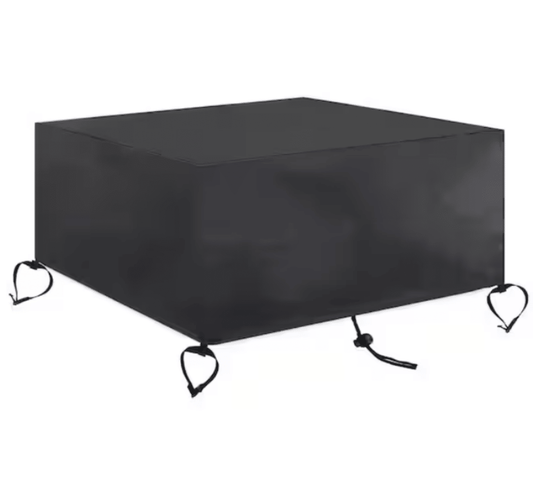 Square fire pit cover, black, with corner ties and elastic hem