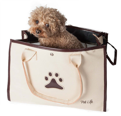 Cream pet carrier with brown trim, front paw logo, open top and side mesh.