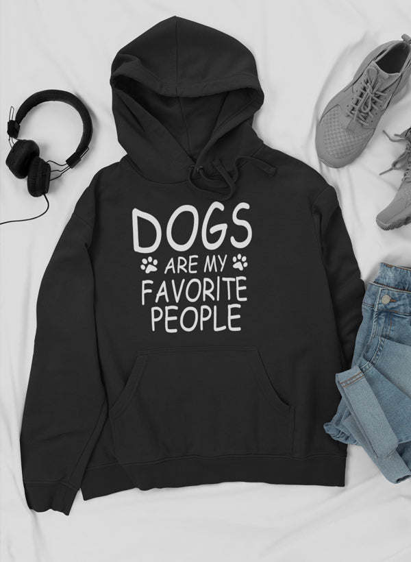 Black hoodie with 'DOGS ARE MY FAVORITE PEOPLE' front text and kangaroo pocket