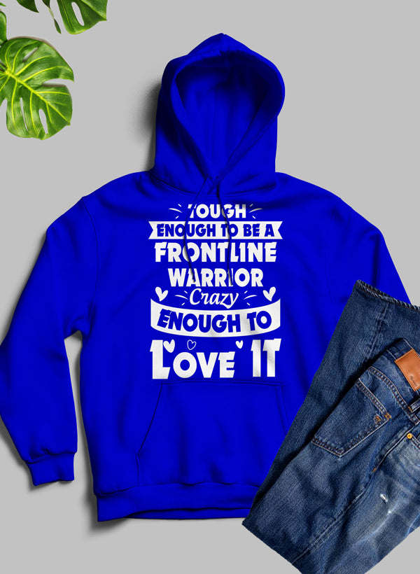 Royal blue pullover hoodie with Frontline Warrior graphic on chest