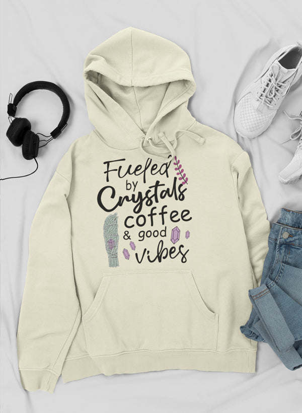 Soft cream hoodie with hood and drawstring; front pocket; 'Fueled by Crystals Coffee' print