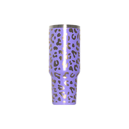 Purple leopard-pattern travel tumbler with handle and clear lid, straw-ready