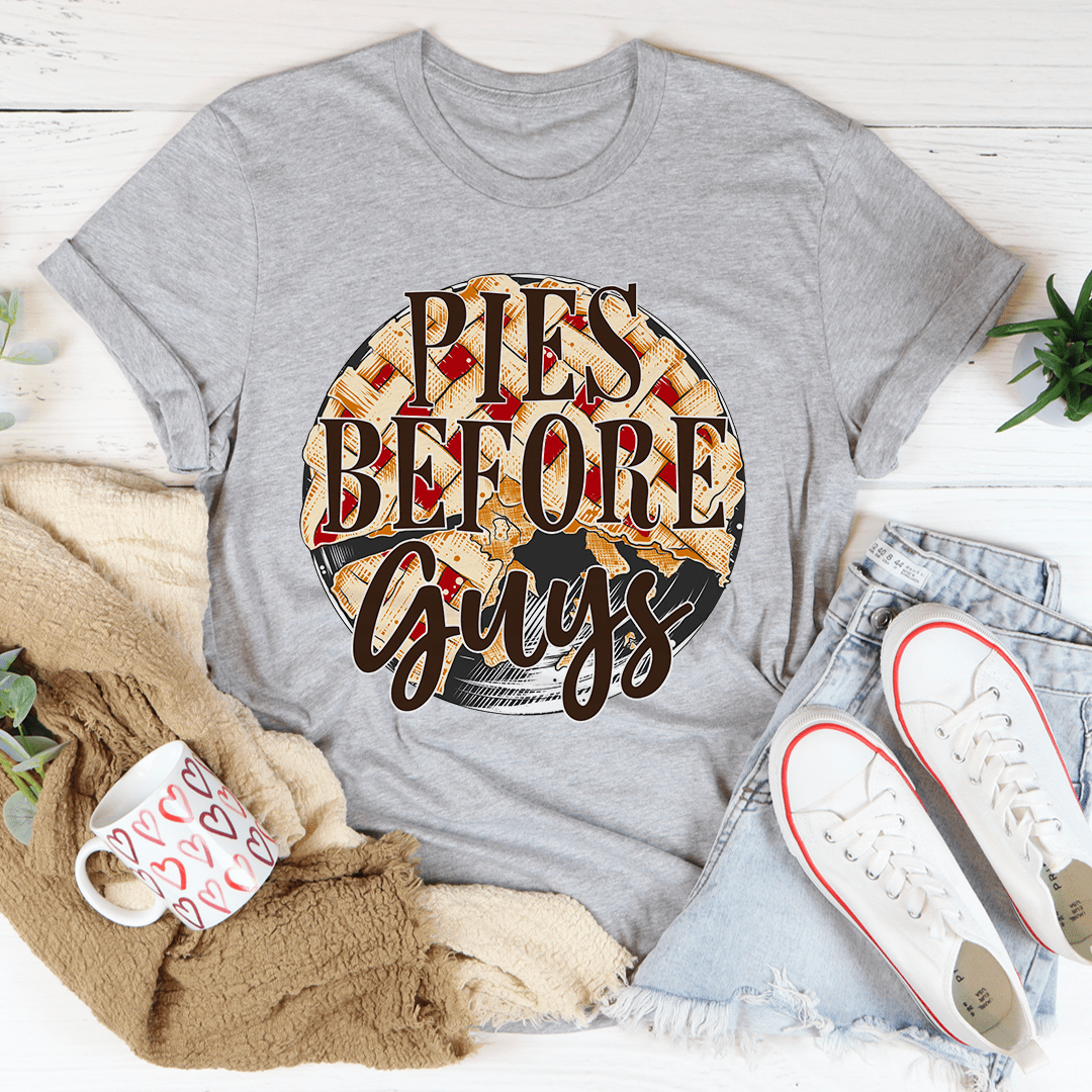 Gray crewneck T-shirt with 'PIES BEFORE Guys' lettering in circular graphic