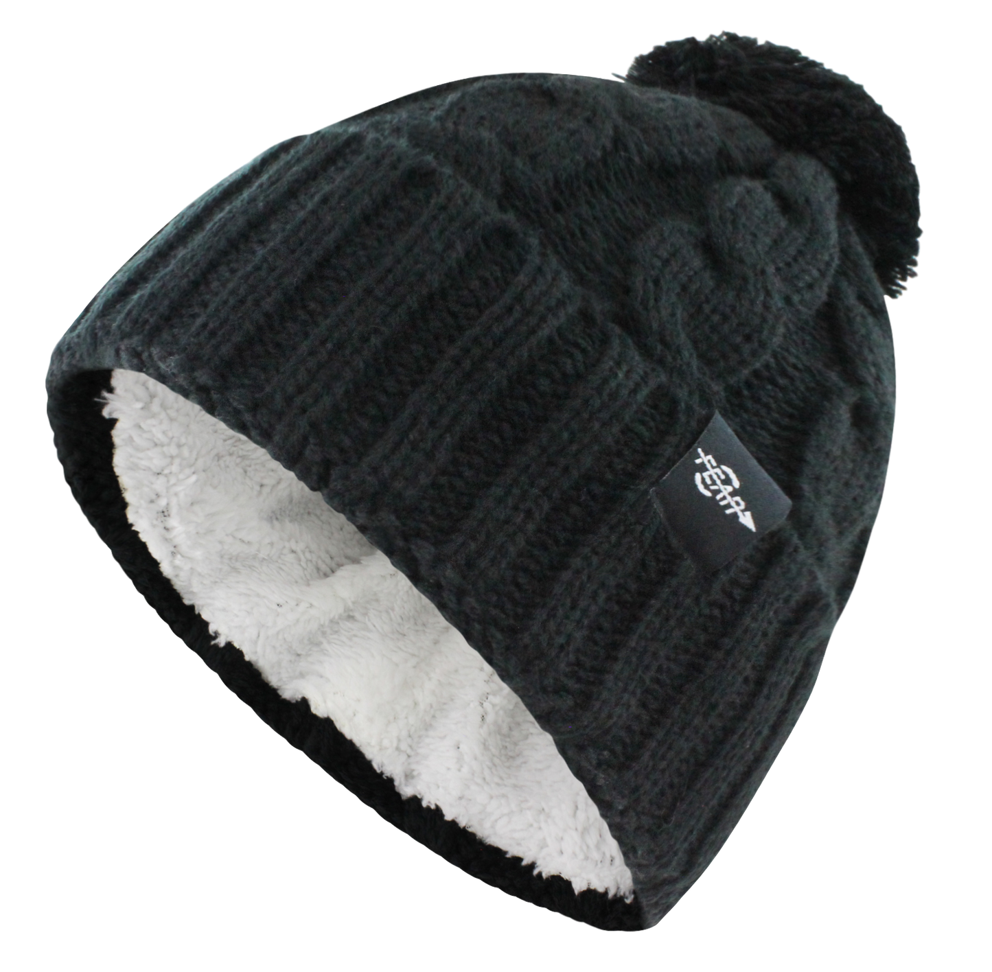 Women’s knit cable beanie hat with folded cuff and plush lining, dark charcoal black