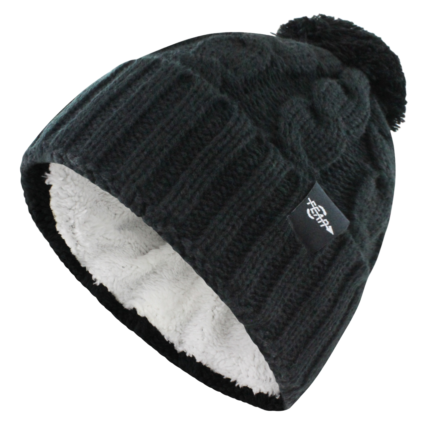 Women’s knit cable beanie hat with folded cuff and plush lining, dark charcoal black