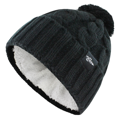 Women’s knit cable beanie hat with folded cuff and plush lining, dark charcoal black