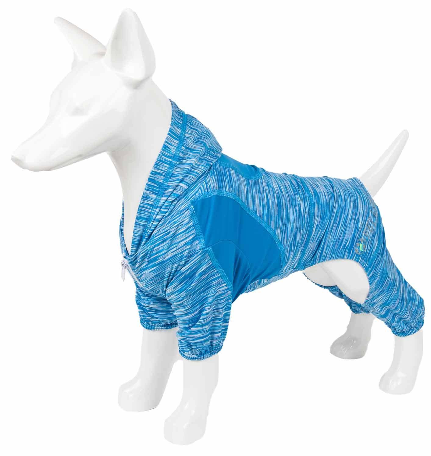 Two-tone blue dog full-body warm up hoodie with hood and belly pocket, stretchy knit