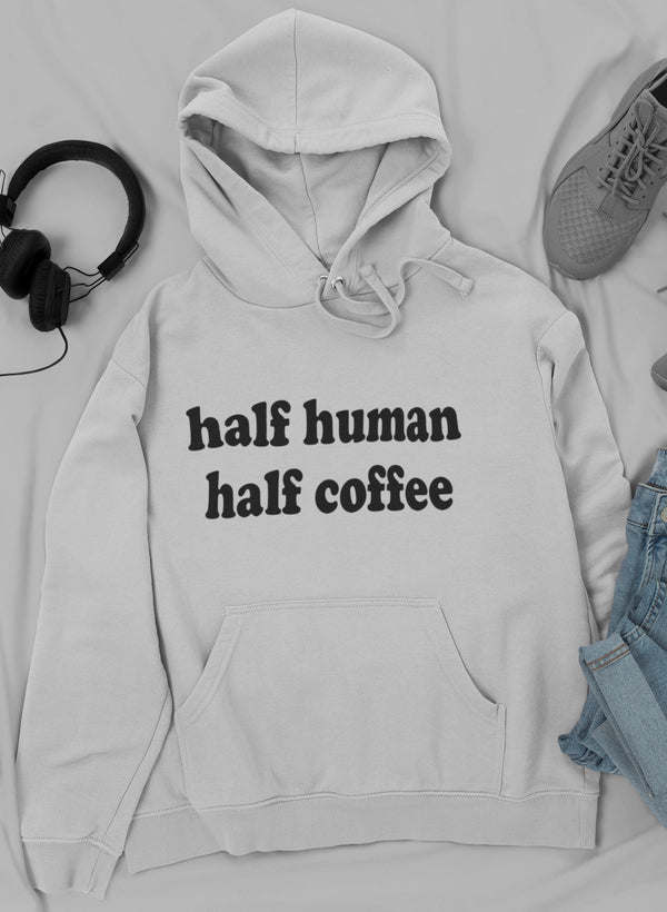 Ash pullover hoodie with 'half human half coffee' graphic, drawstring hood and kangaroo pocket