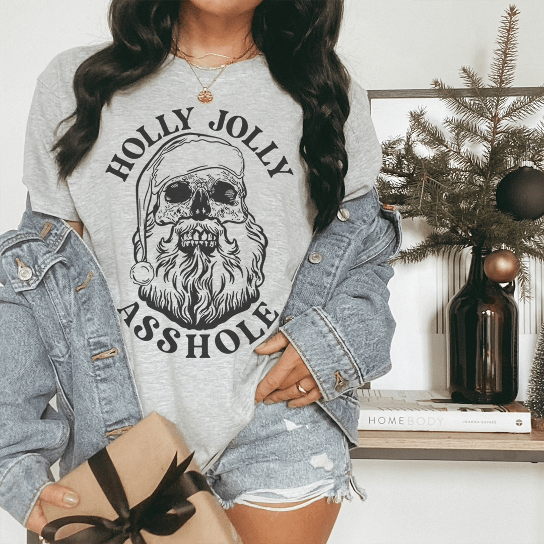 Light gray graphic T-shirt with bearded Santa illustration and Holly Jolly Asshole text