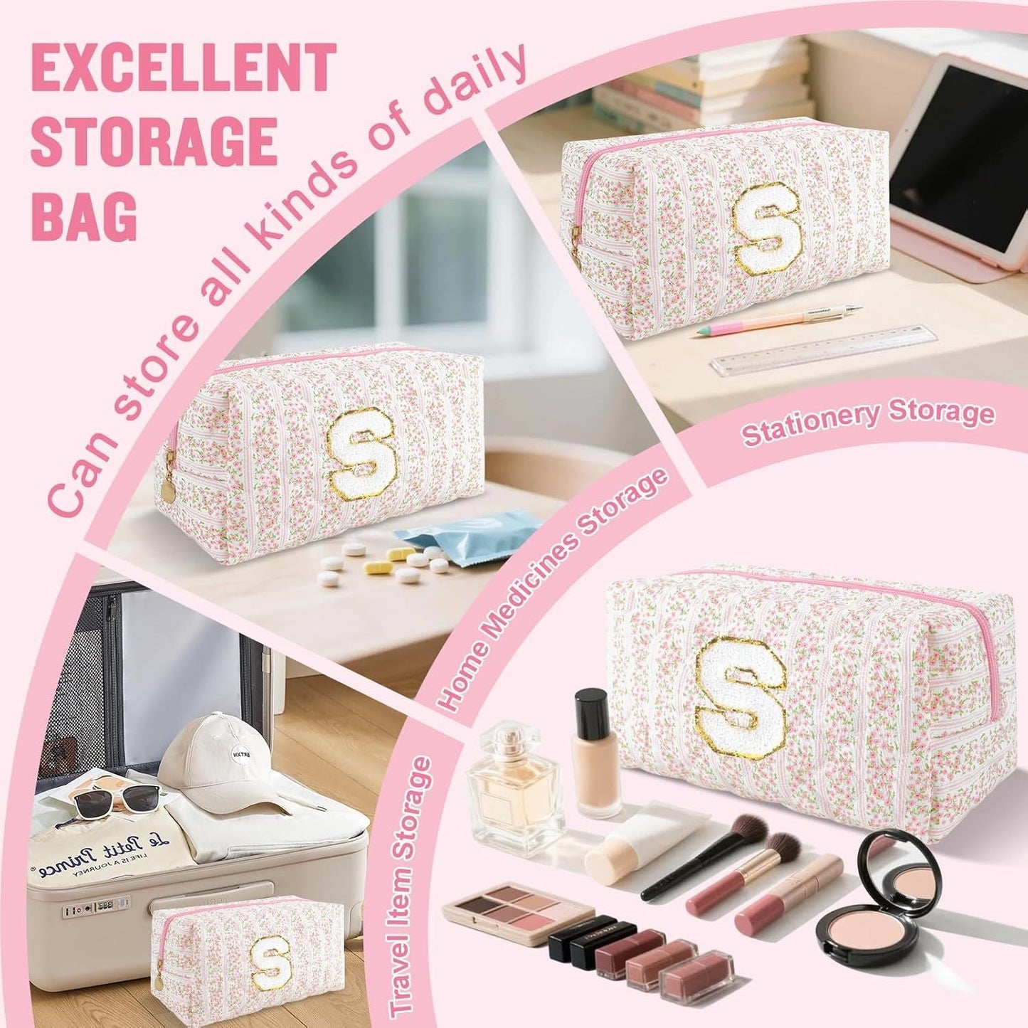 Personalized Quilted Cosmetic Bag, Puffy Monogrammed Christmas Birthday Gifts for Women & Girls, Cute initial Floral Makeup Bag Puffer Coquette Bag, Aesthetic Travel Toiletry Zipper Pouch(Pink,S)