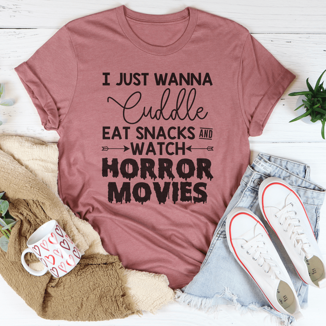 Mauve crewneck tee with 'I Just Wanna Cuddle' typographic horror movies graphic