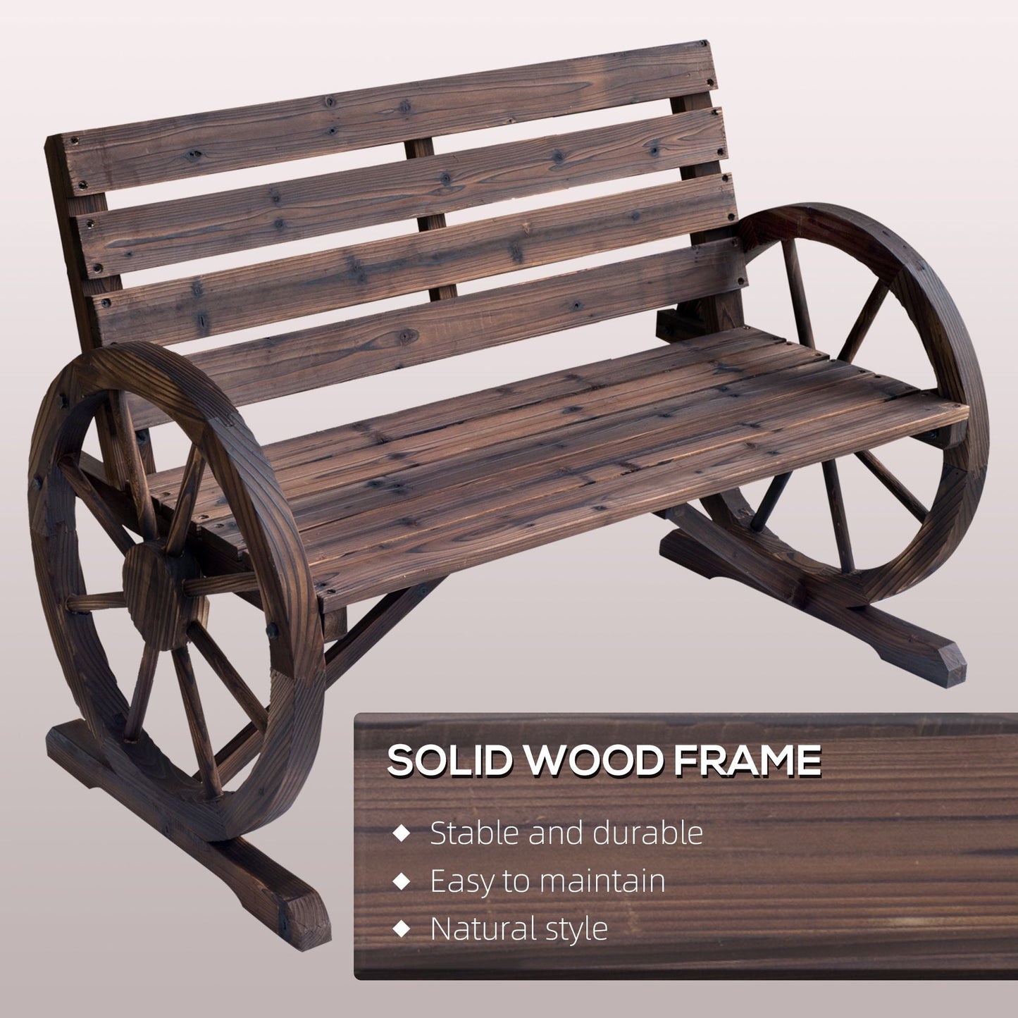 Outsunny Wagon Wheel Bench Rustic 2-Person Outdoor Patio Carbonized Finish with Backrest