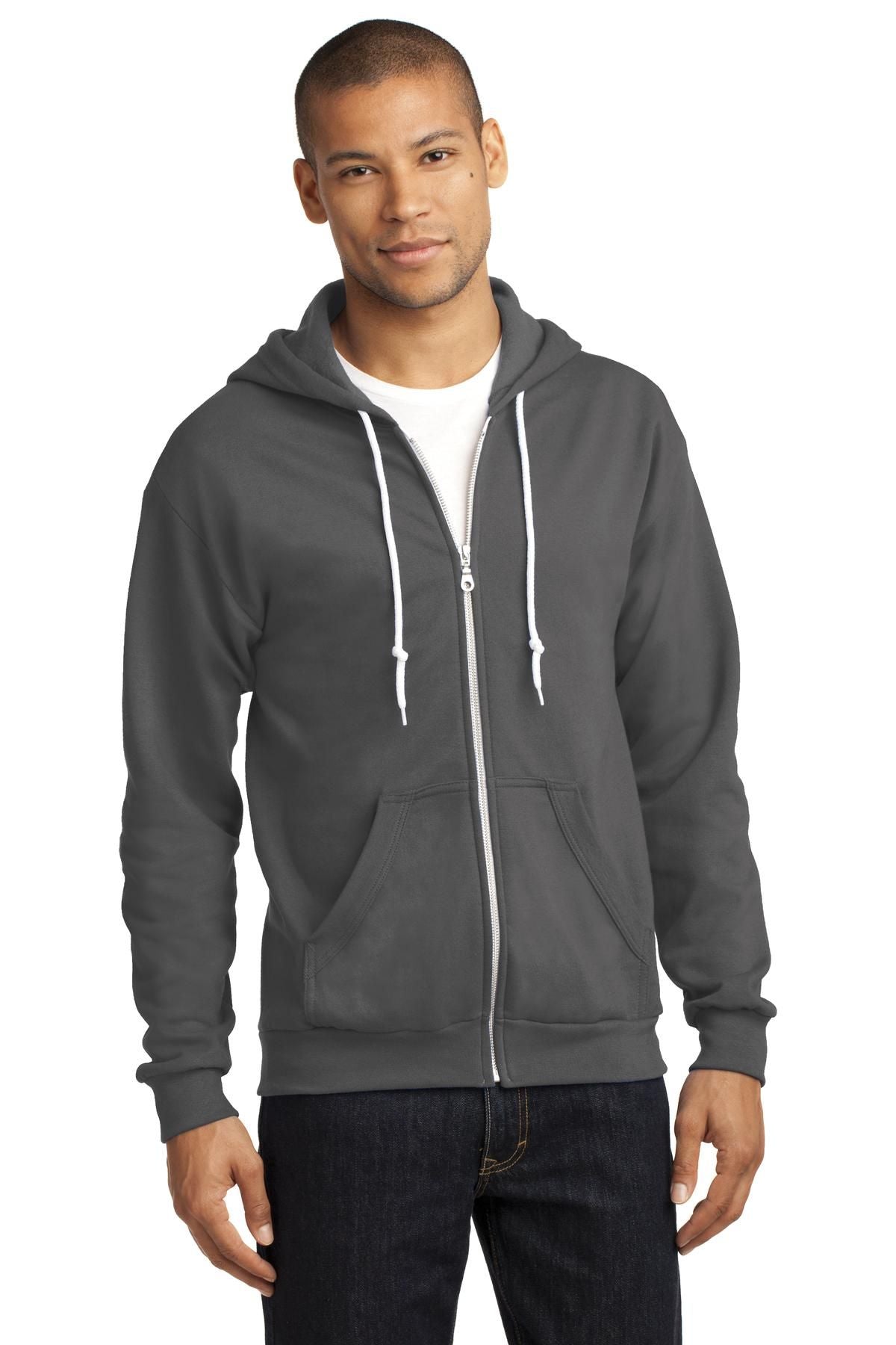 Charcoal gray full-zip hooded sweatshirt with drawstring and front pockets