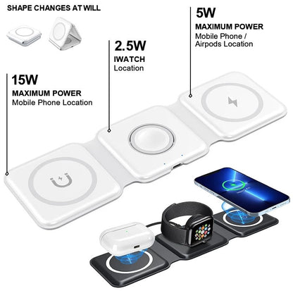 White foldable 3-in-1 wireless charging station with three circular pads