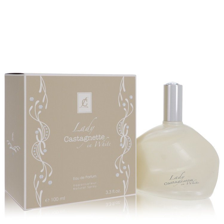 Women's eau de parfum bottle with silver cap and matching box, 3.3 oz