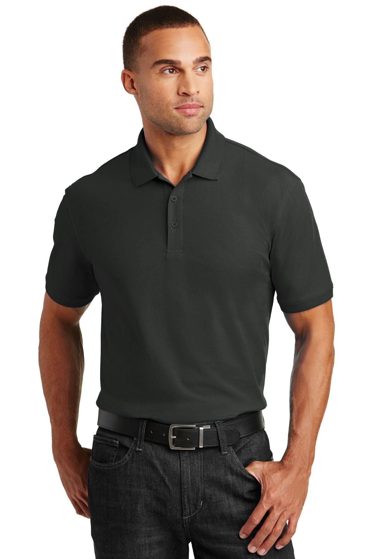 Black pique polo shirt with short sleeves, collar, and button placket