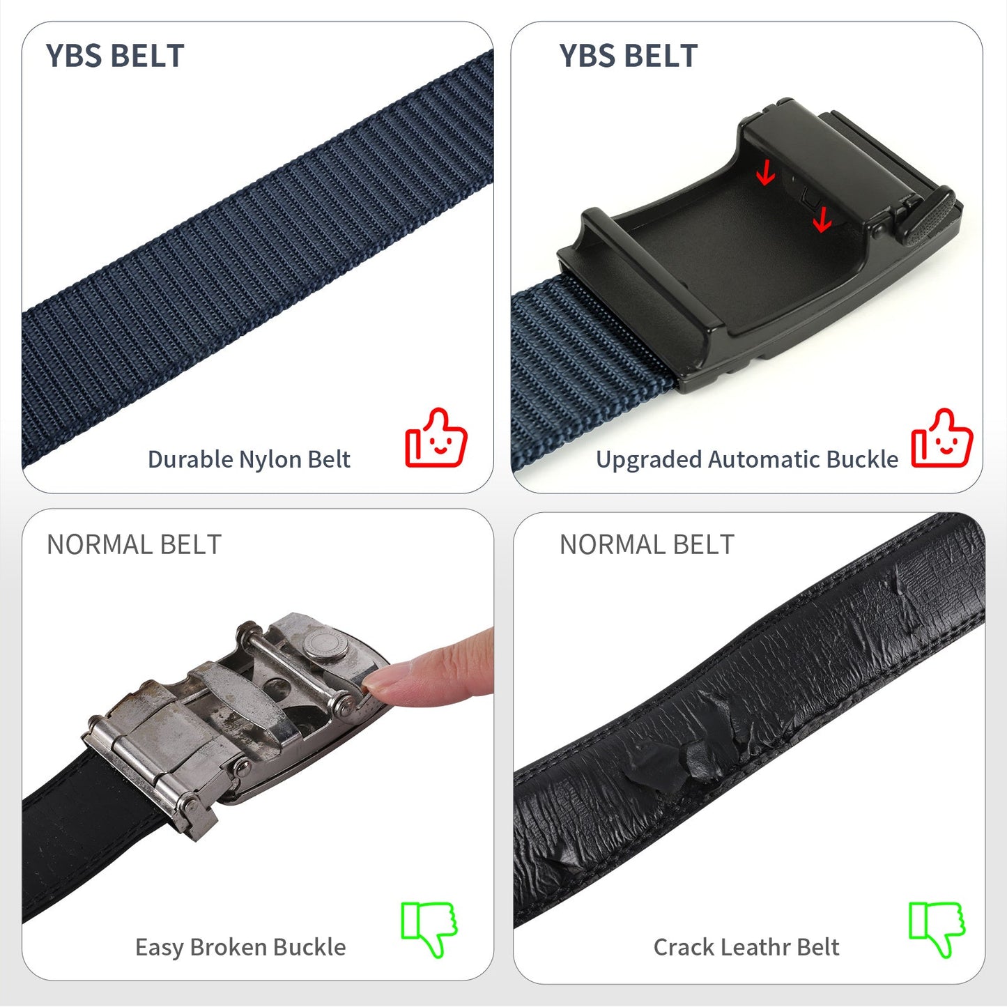 Dark nylon ratchet belt with black automatic buckle and webbing close-ups
