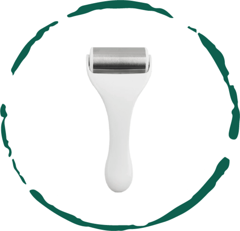 Facial roller tool with white handle and silver drum roller head