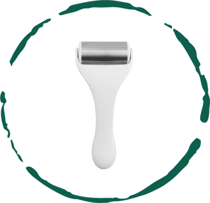 Facial roller tool with white handle and silver drum roller head