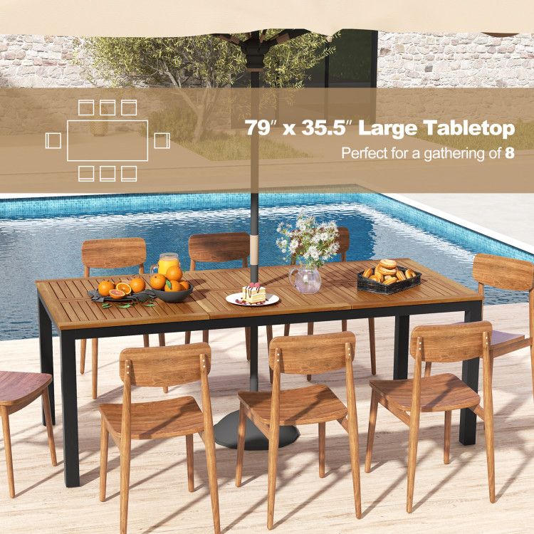 8-Person Outdoor Dining Table 79 Inch Acacia Wood Patio Table with Umbrella Hole