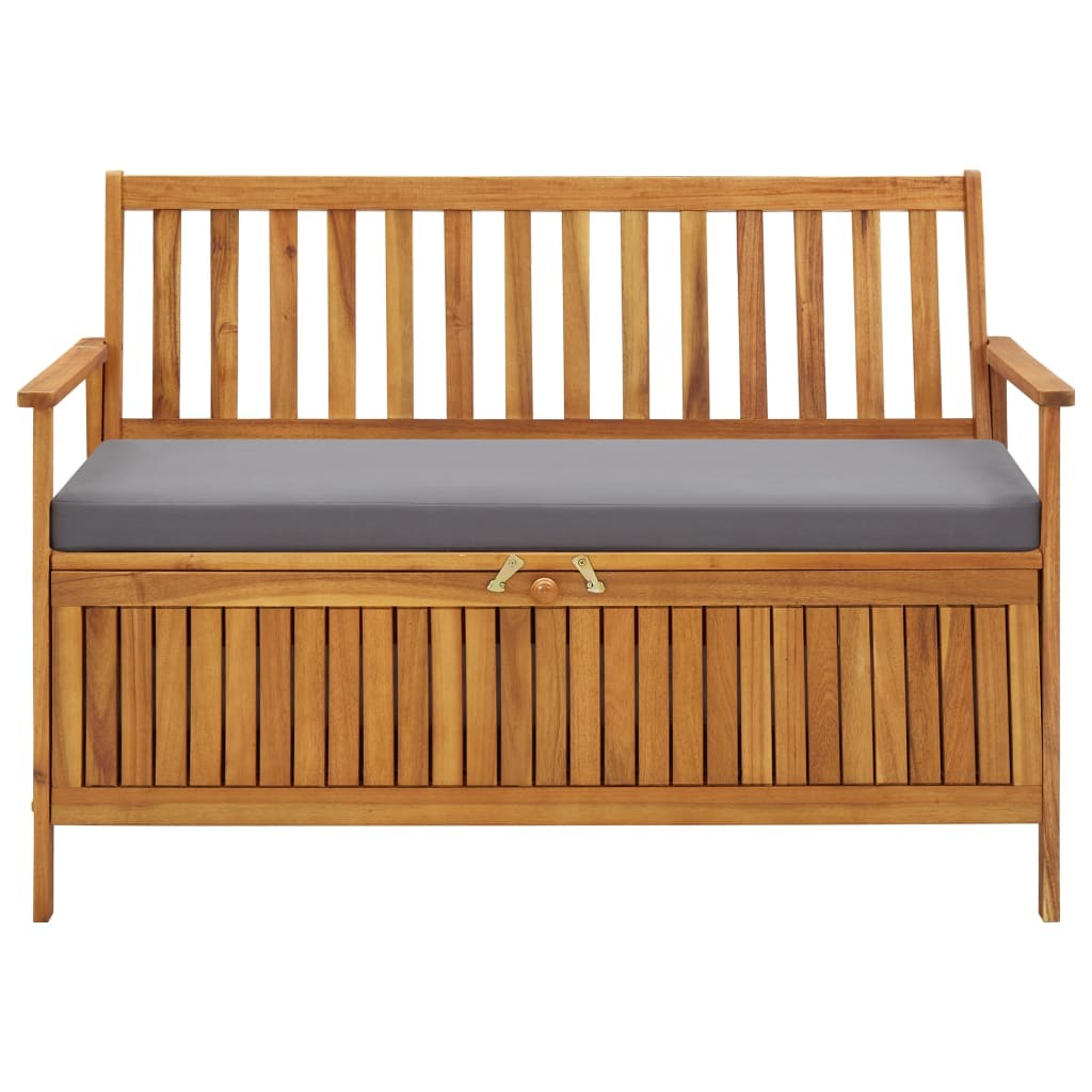 Garden storage bench with gray seat cushion and front storage cabinet with slatted doors