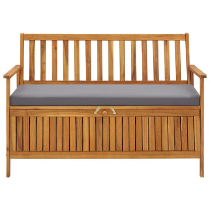 Garden storage bench with gray seat cushion and front storage cabinet with slatted doors