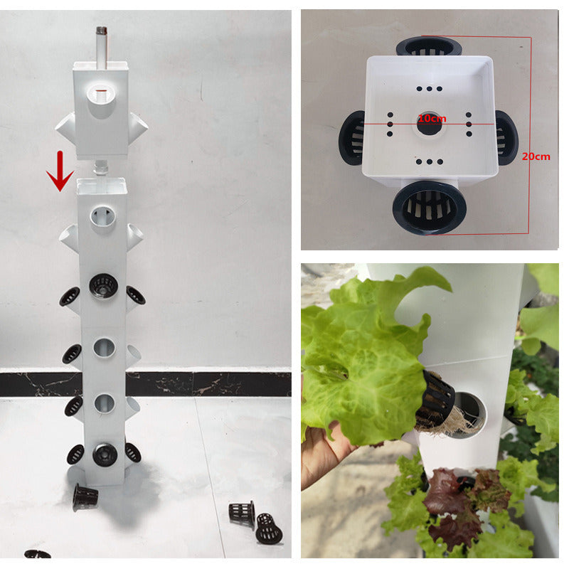 White vertical hydroponic tower system with net pots, tubing, and sensor module