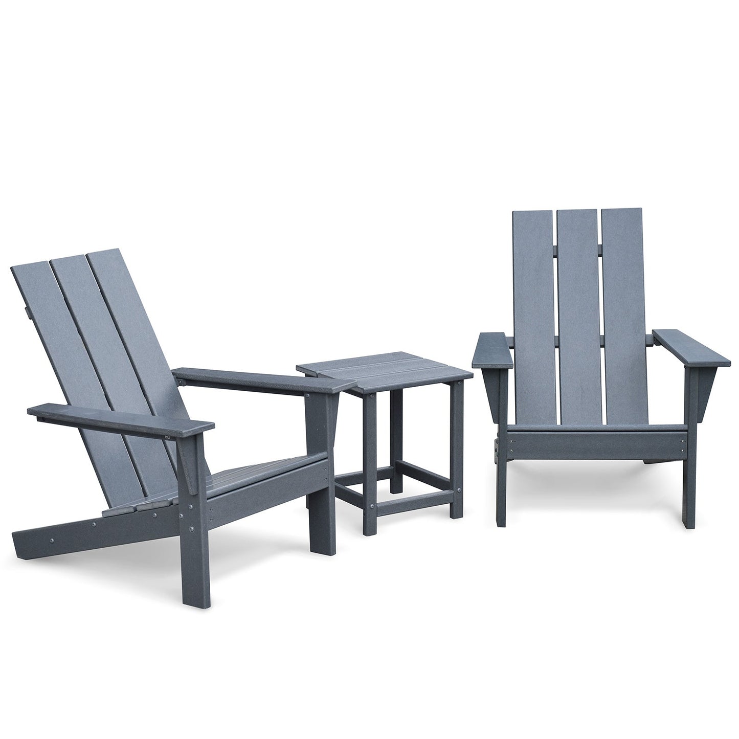 Dark grey outdoor Adirondack chairs with two chairs and center side table