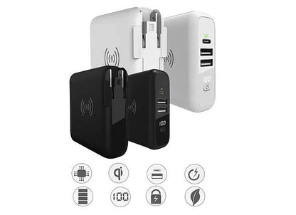 Travel multi-power charger with fold-out outlets, black and white USB ports