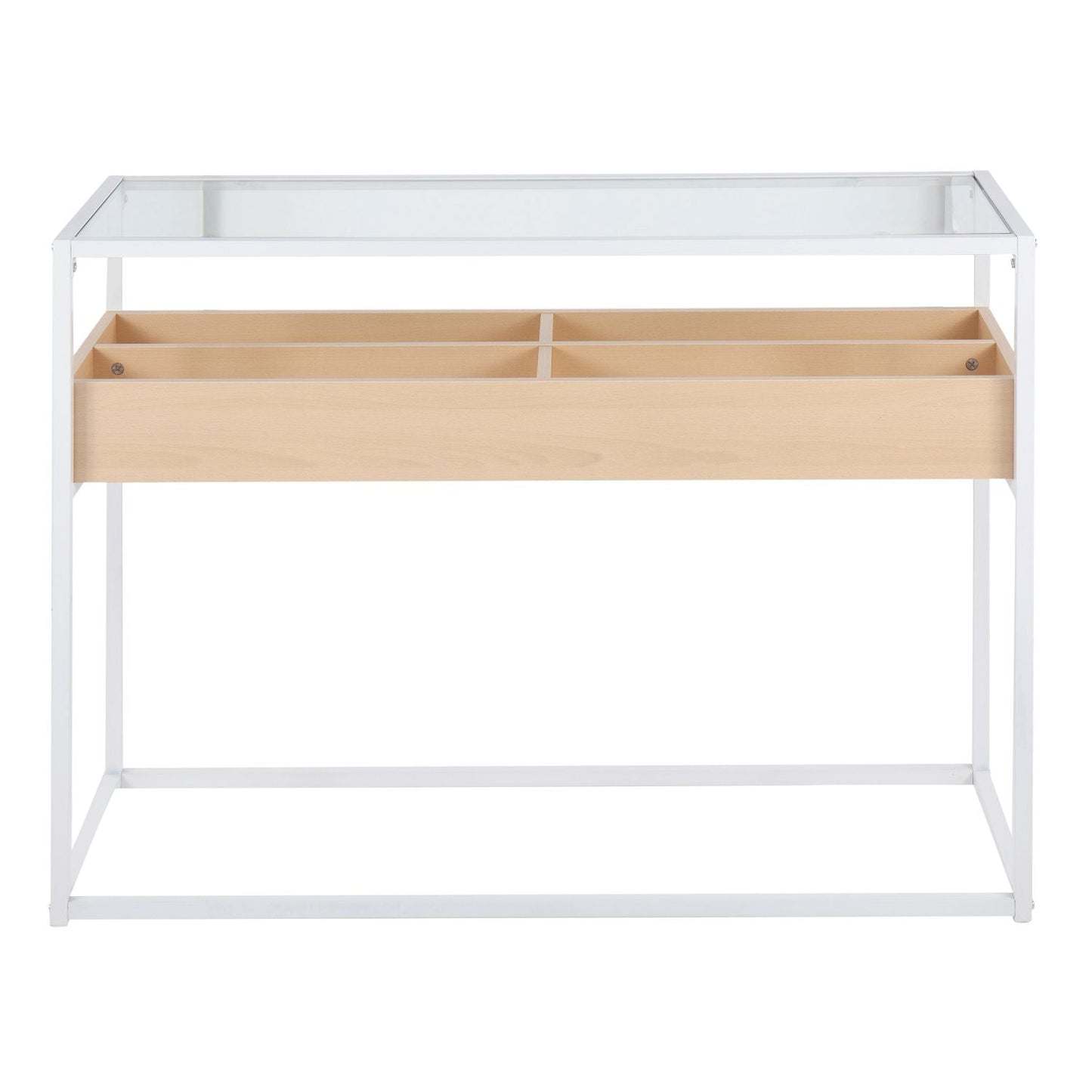 Display Contemporary Console Table in White Metal, Natural Wood, and Clear Glass by