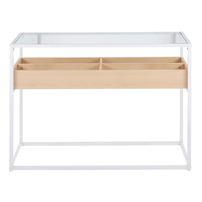 Display Contemporary Console Table in White Metal, Natural Wood, and Clear Glass by