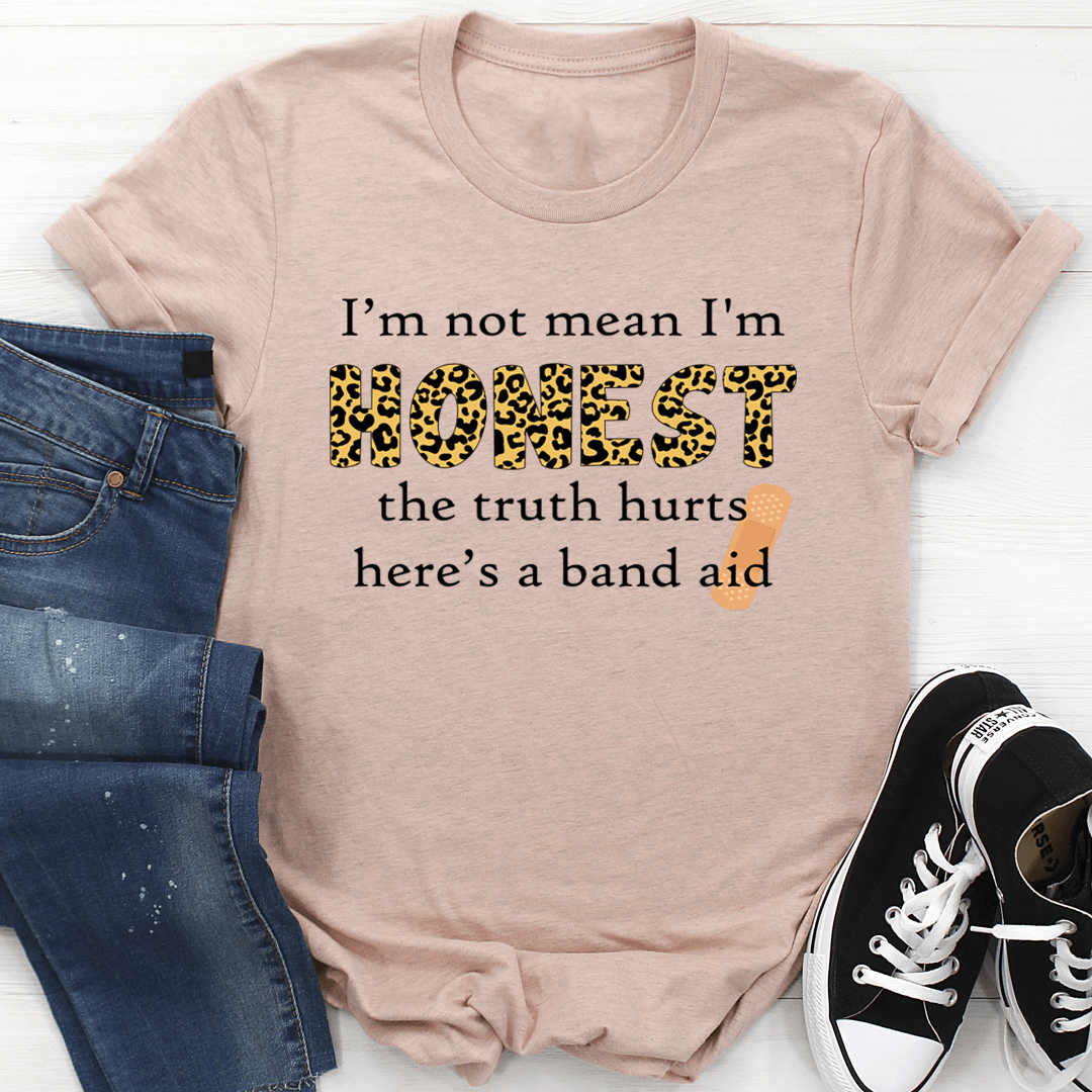 Mauve crewneck graphic tee front: leopard HONEST lettering with band aid slogan