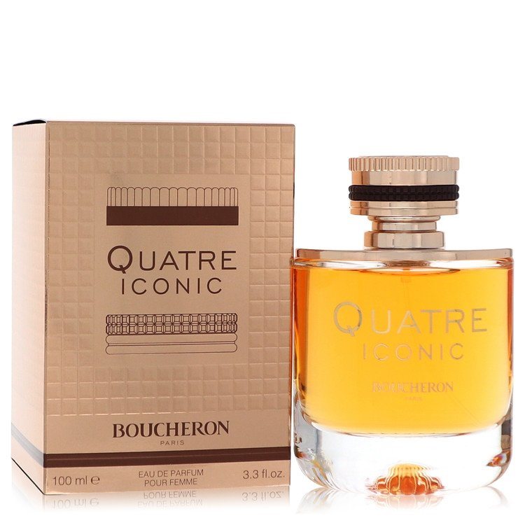 Boucheron Quatre Iconic eau de parfum bottle with amber liquid, gold cap, and boxed set