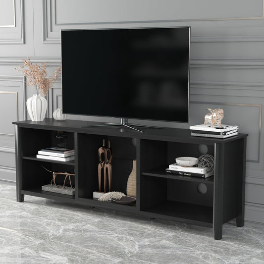 Black TV stand storage console with open shelves and center media cubby for devices.