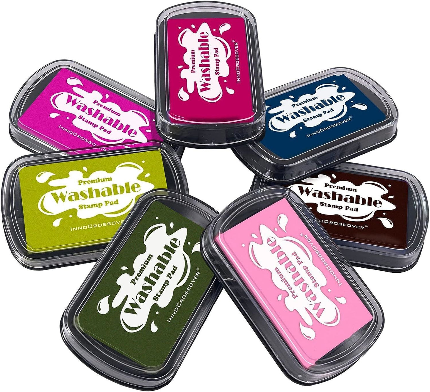 Washable ink stamp pad set of seven colors in black cases with rounded lids