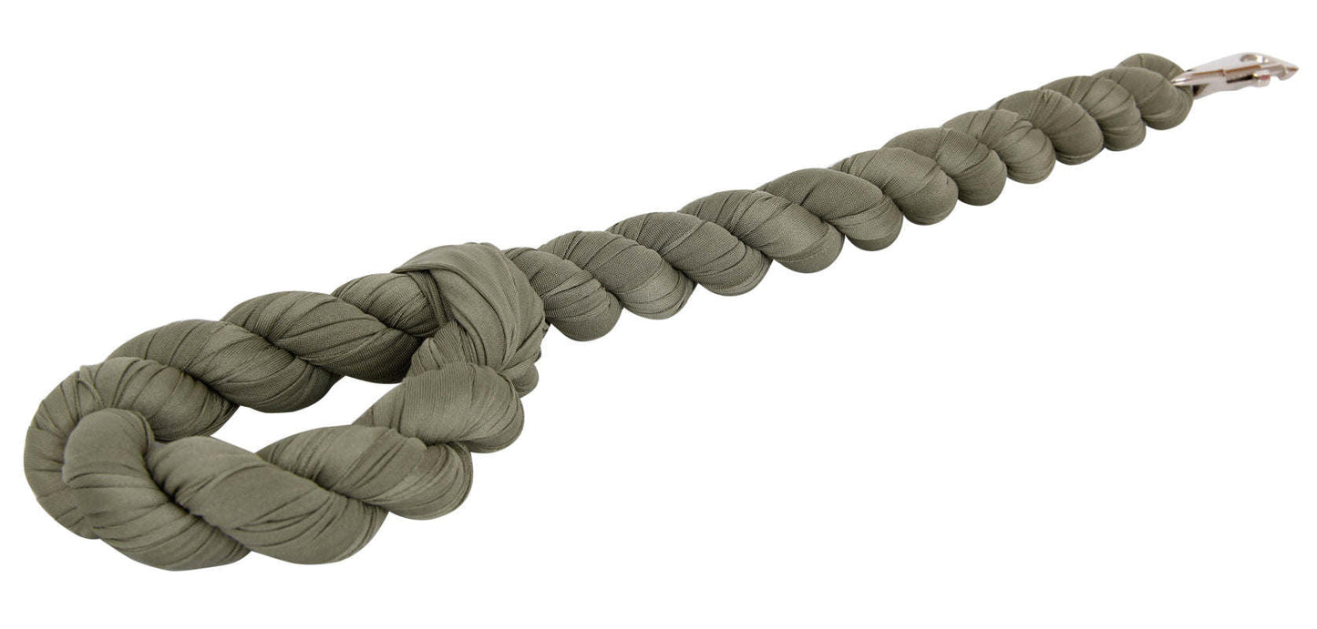 Olive woven dog leash with shock-absorbing braided loop handle and metal swivel