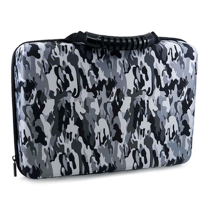 Camo battery storage case with black ridged handle and zip closure