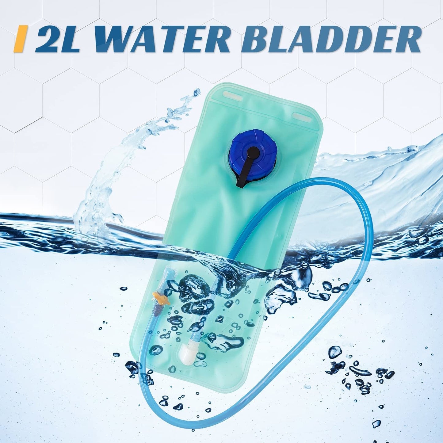 2L water bladder set with aqua bag, blue cap, and drinking hose