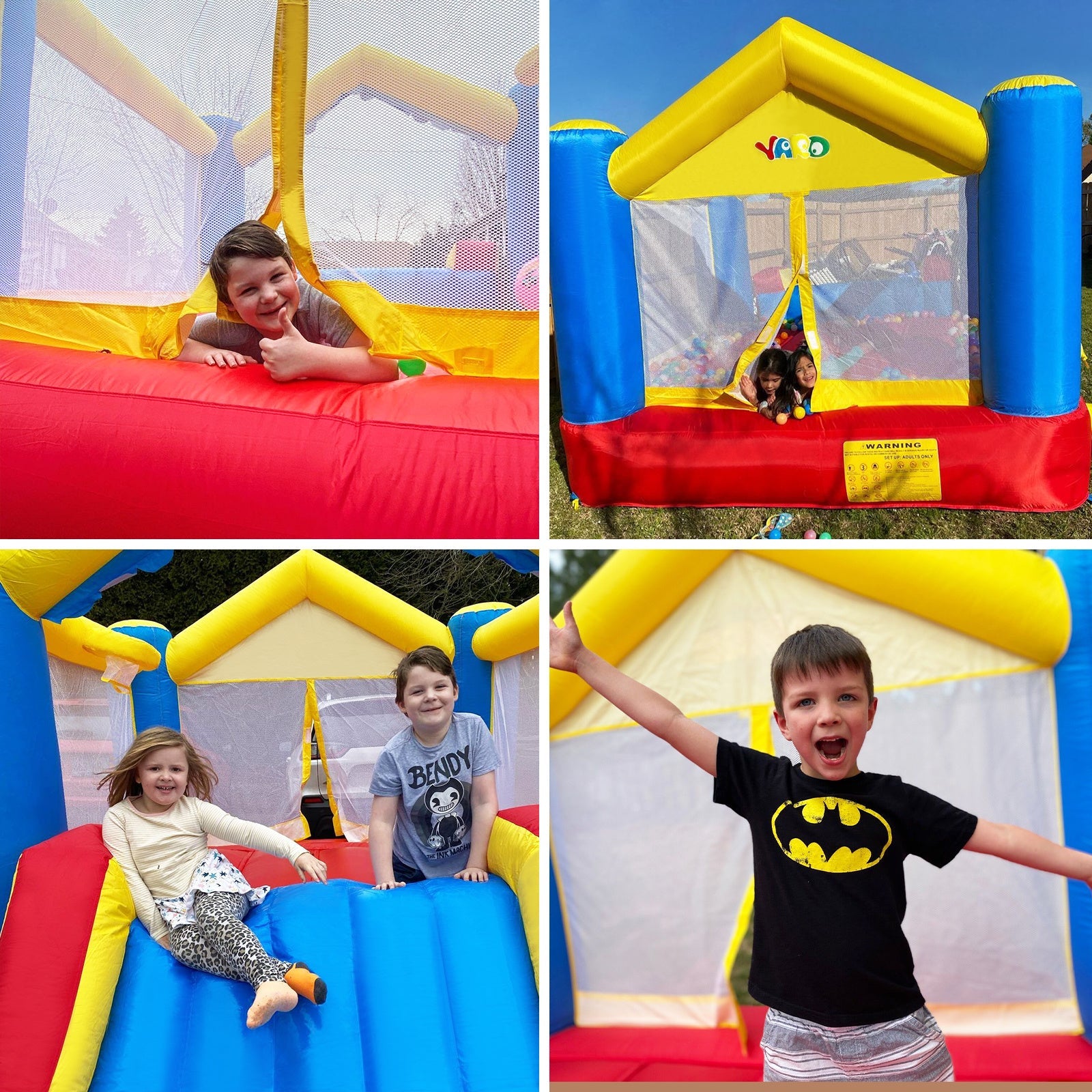 Inflatable bounce house with slide and enclosed net; kids playing inside blue and yellow