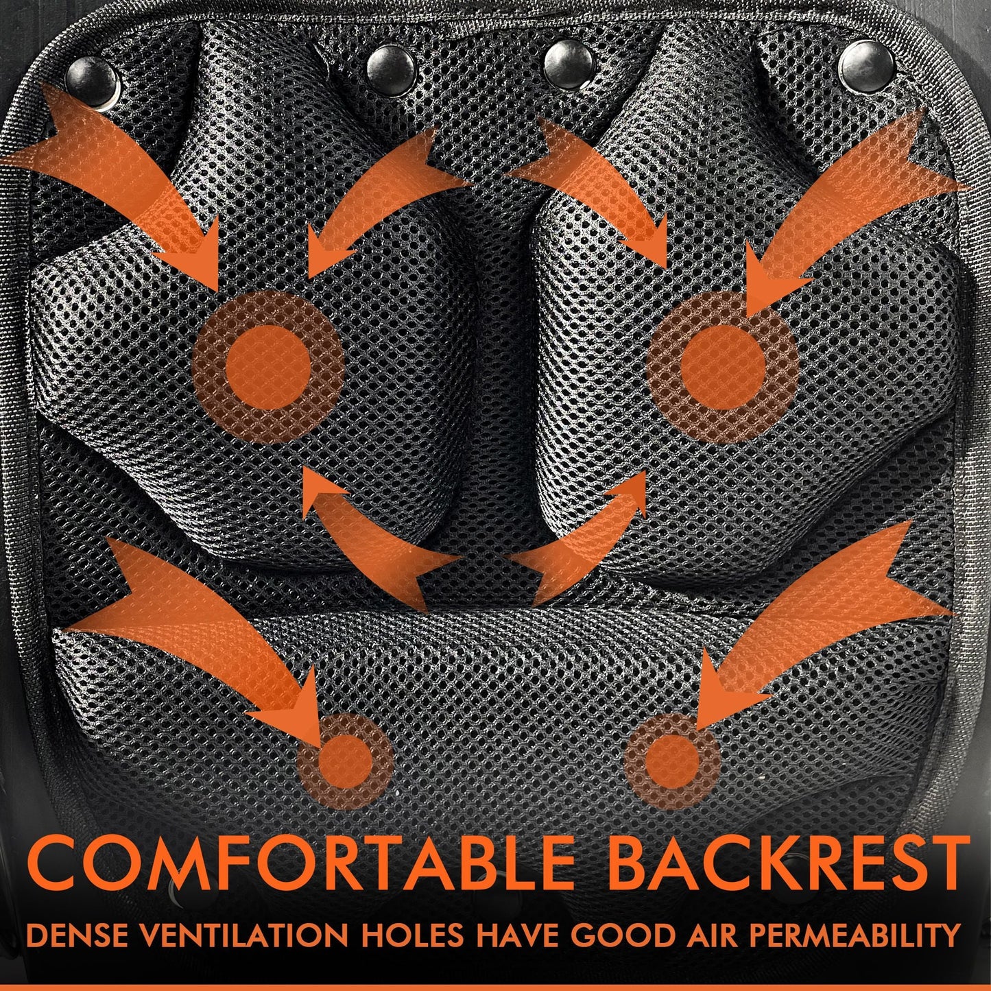 Gas backpack blower mesh backrest with ventilation holes and orange airflow arrows
