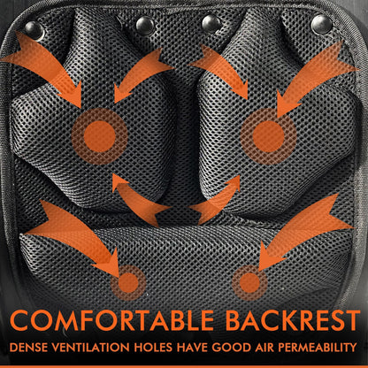 Gas backpack blower mesh backrest with ventilation holes and orange airflow arrows