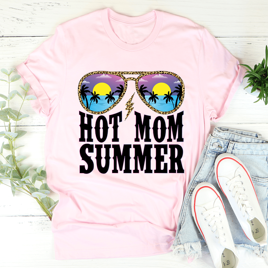 Pink T-shirt with "HOT MOM SUMMER" sunglasses graphic and tropical palms