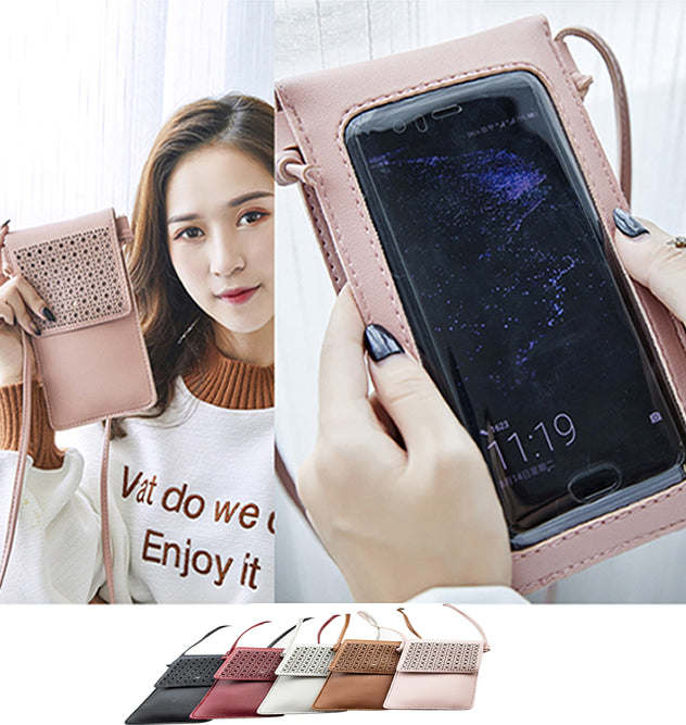Pink mini transparent phone and card holder crossbody bag with perforated front panel