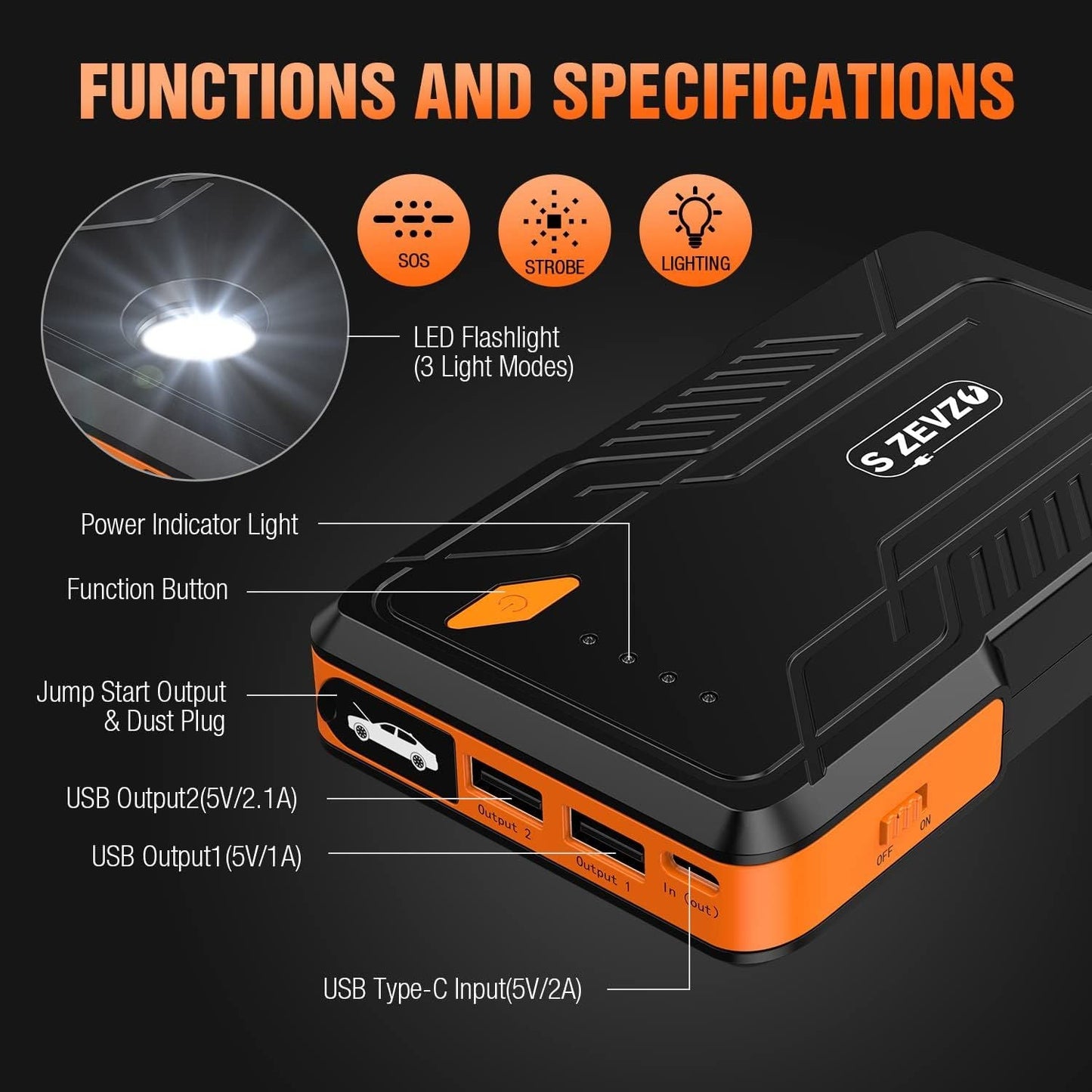 Orange and black jump starter showing USB-C and USB output ports