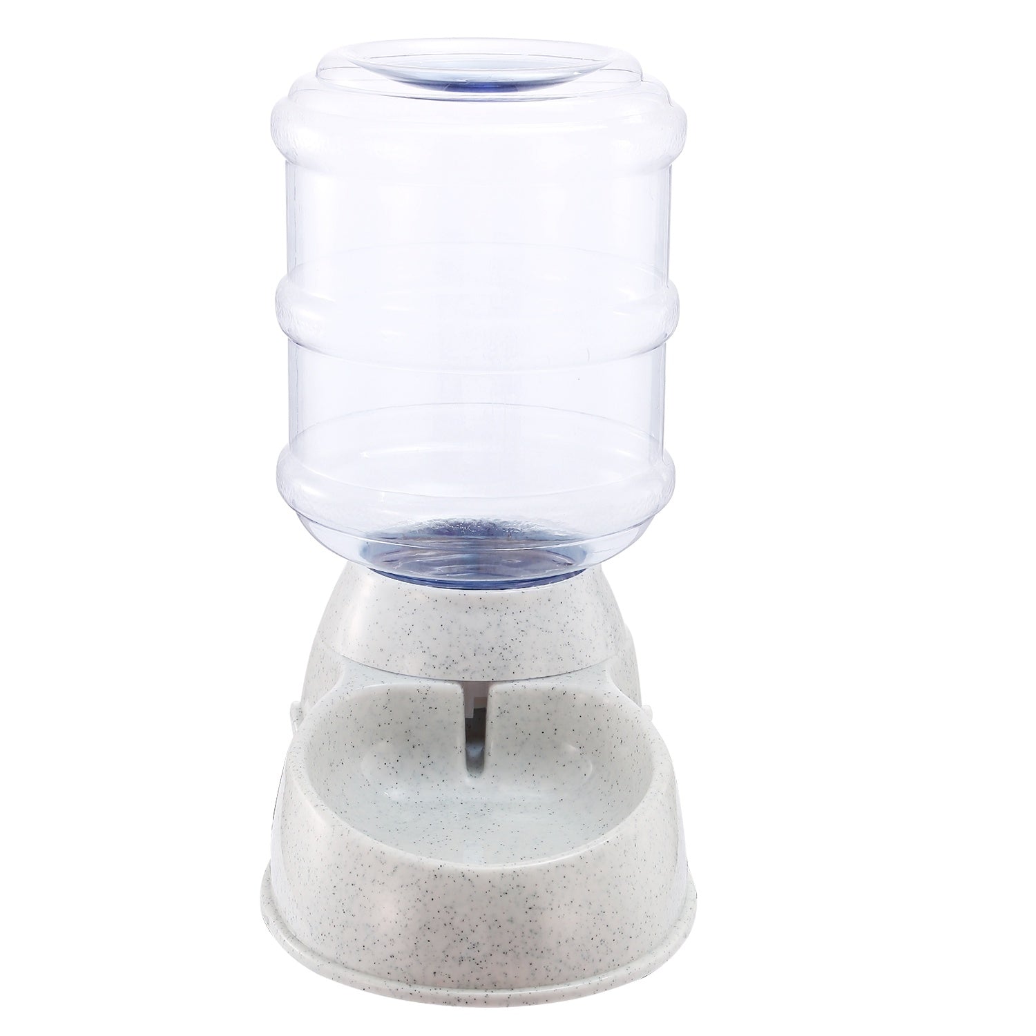 Pet water dispenser front view with clear barrel and speckled gray bowl base