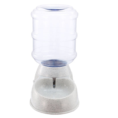 Pet water dispenser front view with clear barrel and speckled gray bowl base