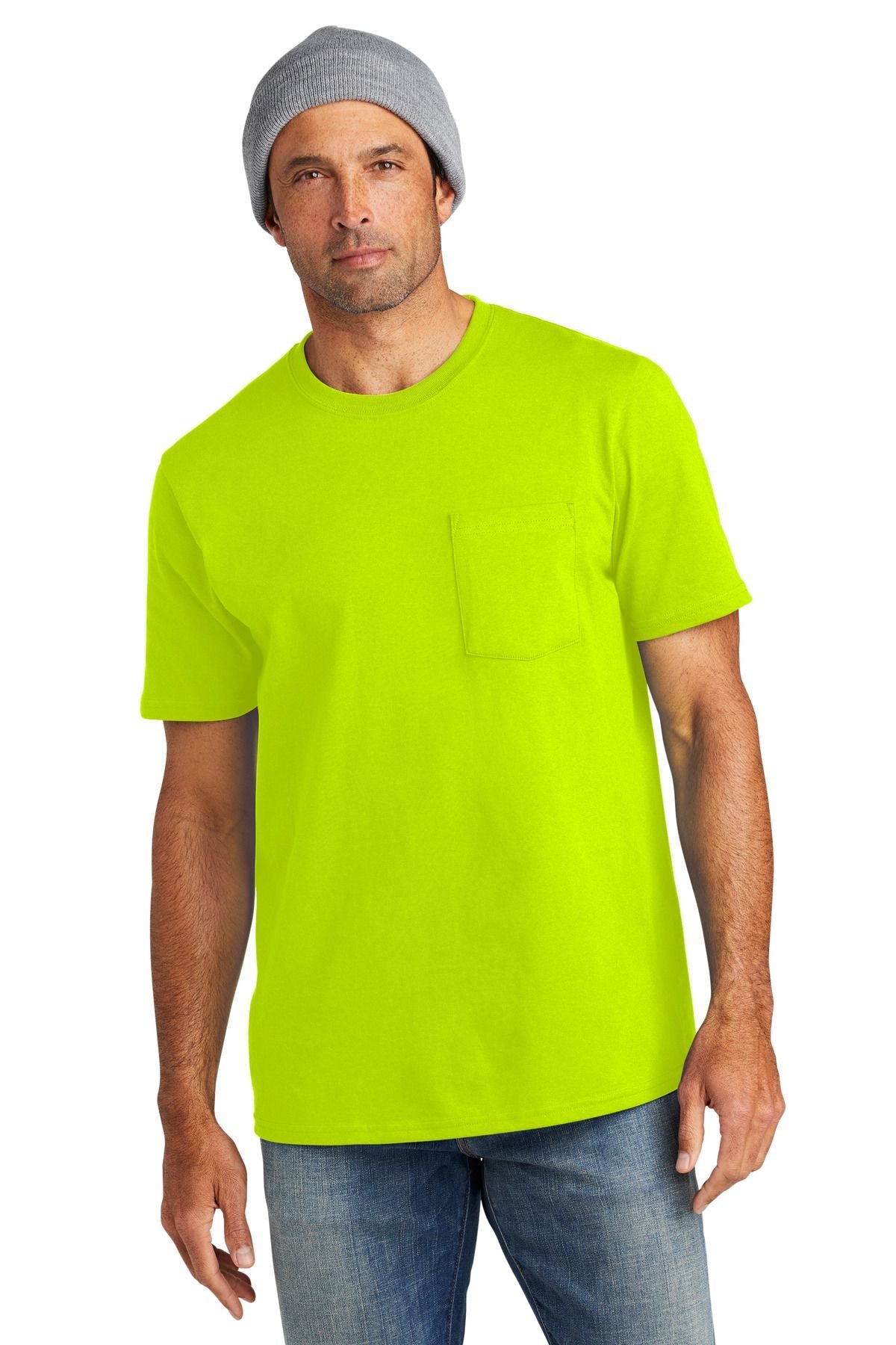 Men's pocket tee in safety green knit, crew neck and chest pocket