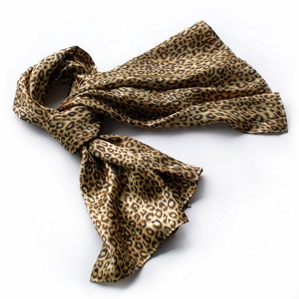Large leopard print silk scarf, soft drape, tied bow detail in brown and black
