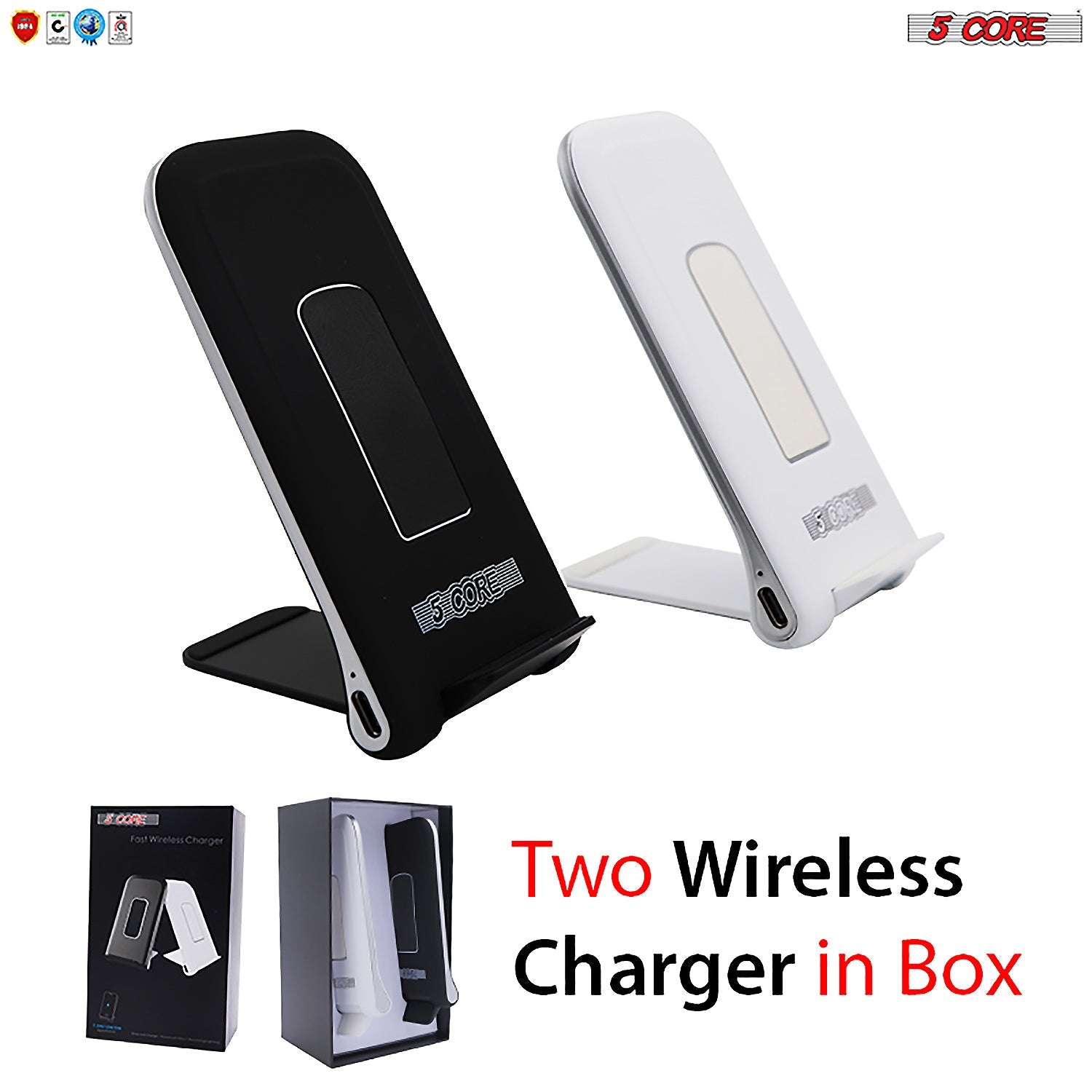 Black and white wireless charger stands with built-in charging pad windows