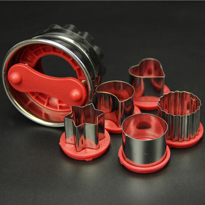 Red and stainless steel cookie cutter set with multiple shape molds arranged